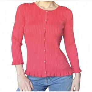Saks Fifth Avenue Women’s Silk Coral Pink Button Cardigan Sweater Ruffles Size S